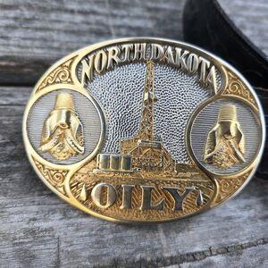 North Dakota Oil Themed Gold Belt Buckle
